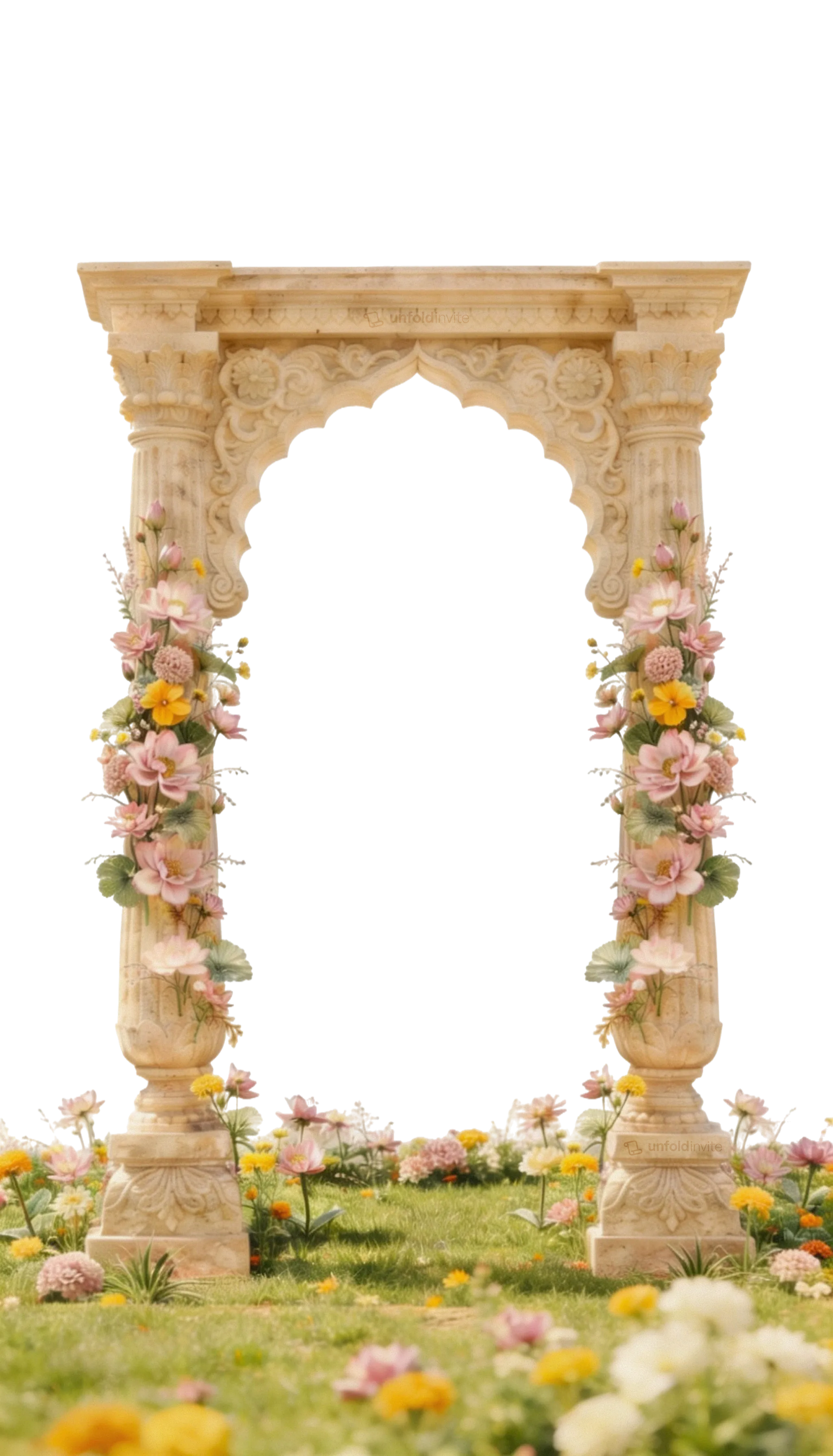 Sandstone mandap arch with pink and yellow floral garlands